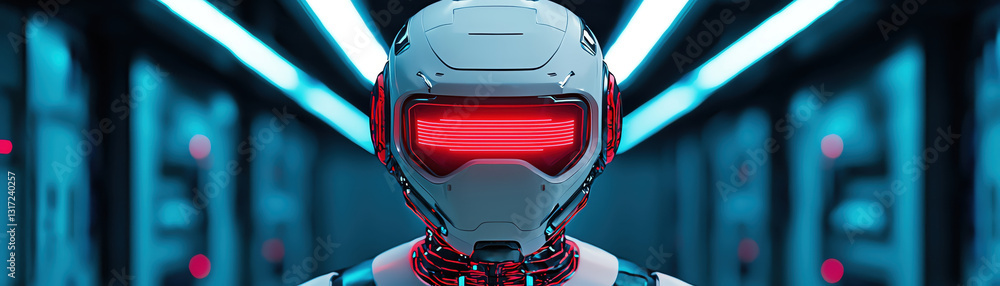 Poster futuristic robot with glowing visor in sleek environment showcasing advanced technology