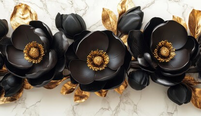 Black Leather Flowers with Gold Accents on Marble