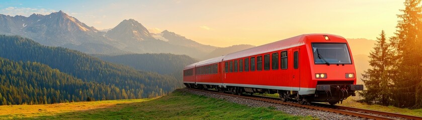 Fototapeta premium A vibrant red train travels through a picturesque landscape of mountains and greenery under a serene sunset sky.