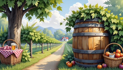 Naklejka premium Charming antique beer barrel by vineyard path, autumn festival vibe, Oktoberfest