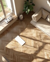 Bright Sunlight Streaming Through Window onto Beige Herringbone Wooden Floor with Yoga Mat