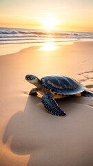 A turtle is laying on the sand at the beach.