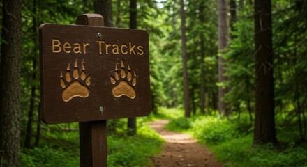Hiking Trail Sign Warns of Bear Tracks in a Forest