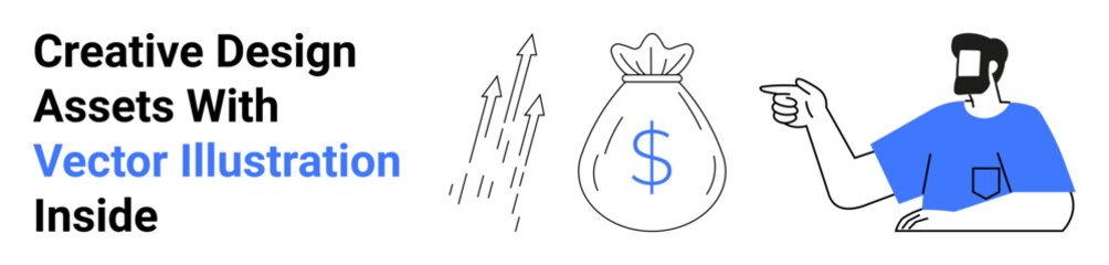 Man gestures toward a money bag beside ascending growth arrows symbolizing profit and progress. Ideal for finance, strategy, savings, success, investment, wealth, flat landing page banner