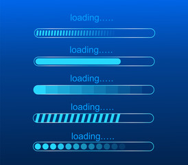 Loading bar progress icon Tech blue background overlay style, electric blue progress bar set