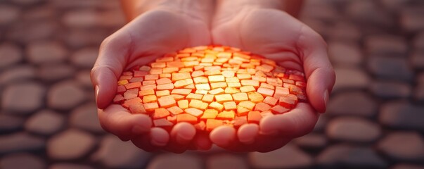 Hands Holding a Bright Mosaic of Colorful Tiles at Sunset