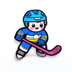 Cute Cartoon Boy Playing Ice Hockey with Stick and Helmet in Colorful Outfit on White Background