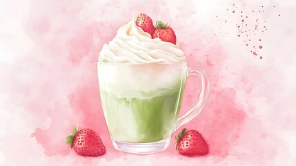 Creamy Strawberry Milkshake Garnished with Whipped Cream and Fresh Berries in Glass