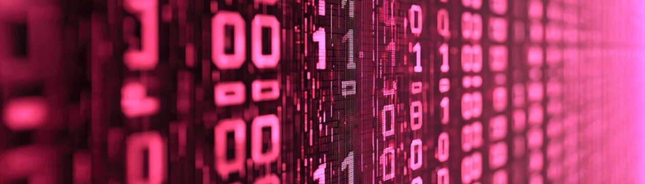 Pink binary code wall, data stream, digital background, technology concept