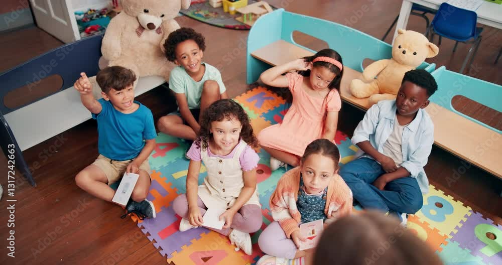 Poster education, answer and group of children, lesson and teacher with questions in classroom and school. 