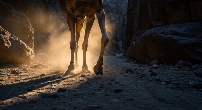 A majestic horse trotting through a dusty canyon at sunset, with dramatic shadows and rocky walls - camels toe cameltoes