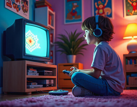 A child wearing headphones plays on a retro console in a warmly lit room, evoking nostalgic 80s vibes. Generative AI