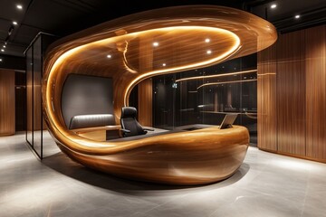 Fototapeta premium Futuristic Ai Management Workspace Design with Unique Reception Area in Modern Office