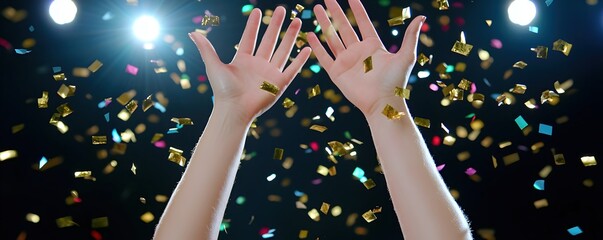 Fototapeta premium Hands Reaching Up Amidst Colorful Confetti Falling from Above
