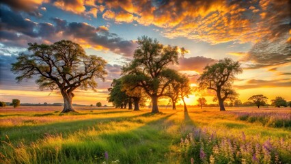 Obraz premium Golden Hour Serenity Majestic trees stand tall against a backdrop of vibrant sunset hues, casting long shadows across a field of wildflowers, creating a tranquil and awe-inspiring scene.