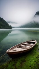 A wooden boat sitting on top of a lush green field.
