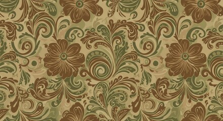 Obraz premium Elegant Floral Damask Pattern - A pattern featuring elegant damask floral designs in shades of brown and green on a beige background