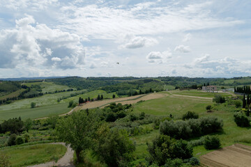 Panoramic view from Peccioli village of the surrounding countryside . Pisa, Tuscany Italy