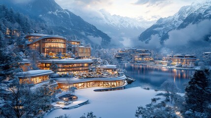  Stunning Snowy Mountain Townscape - A picturesque winter resort with breathtaking mountain views, cozy lakeside accommodations and a serene lake. Perfect for escaping into the wilderness.