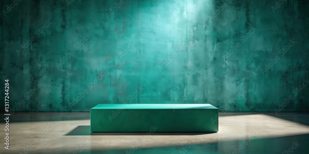 Poster a single, green, rectangular platform sits in front of a teal colored textured wall. the platform is