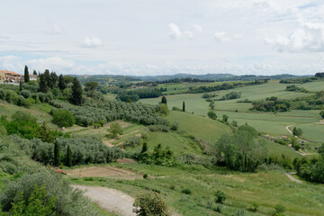 Panoramic view from Peccioli village of the surrounding countryside . Pisa, Tuscany Italy