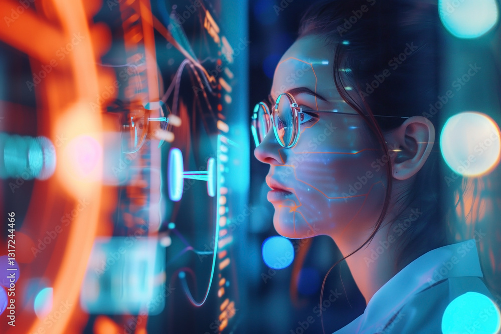 Poster a woman wearing glasses intensely examines a complex display filled with data visualizations. the sc