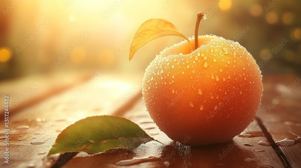Poster a close-up of a ripe apple with water droplets sits on a wooden surface with a leaf the background i