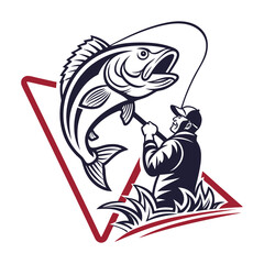 Vintage-Style Illustration of a Fisherman Catching a Large Fish .