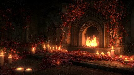 Obraz premium Gothic fireplace, burning fire, red flowers, candles, stone archway, romantic ambiance, fantasy game background