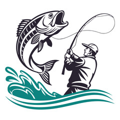 Vintage-Style Illustration of a Fisherman Catching a Large Fish .