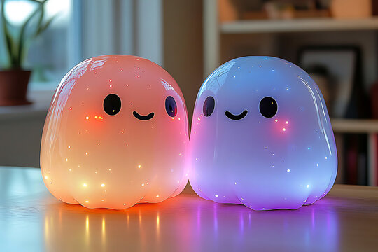 Two cute blob night lights emitting soft colors indoors