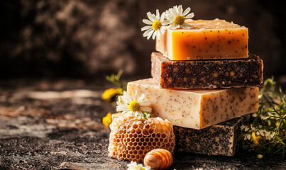 Fresh herbal soaps stacked with chamomile flowers and honeycomb