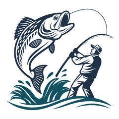 Vintage-Style Illustration of a Fisherman Catching a Large Fish .