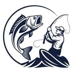 Vintage-Style Illustration of a Fisherman Catching a Large Fish .