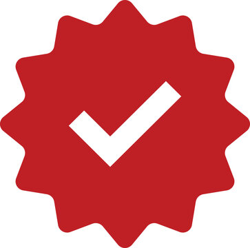Check mark. Red tick verified badge icon. Approved profile sign. Tick in rounded corners star. Social media official account tick symbol. Top page logo. Safety person in web.