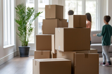  Medium shot of a family packing their belongings into cardboard boxes, preparing to leave their condemned apartment.
