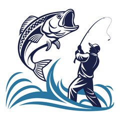 Vintage-Style Illustration of a Fisherman Catching a Large Fish .