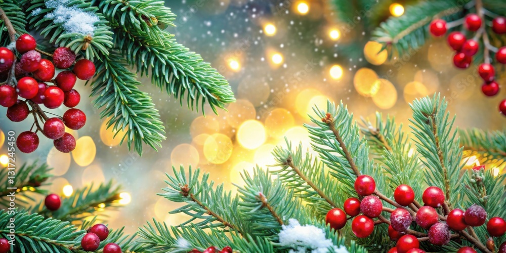 Aufkleber festive evergreen branches adorned with red berries and a softly falling snow against a backdrop of 