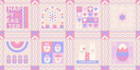 Happy Easter seamless horizontal pattern. Geometric Easter bunny, eggs, flowers in pastel colors. Decorative Easter eggs. Vector Easter background for greeting cards, packaging, banners