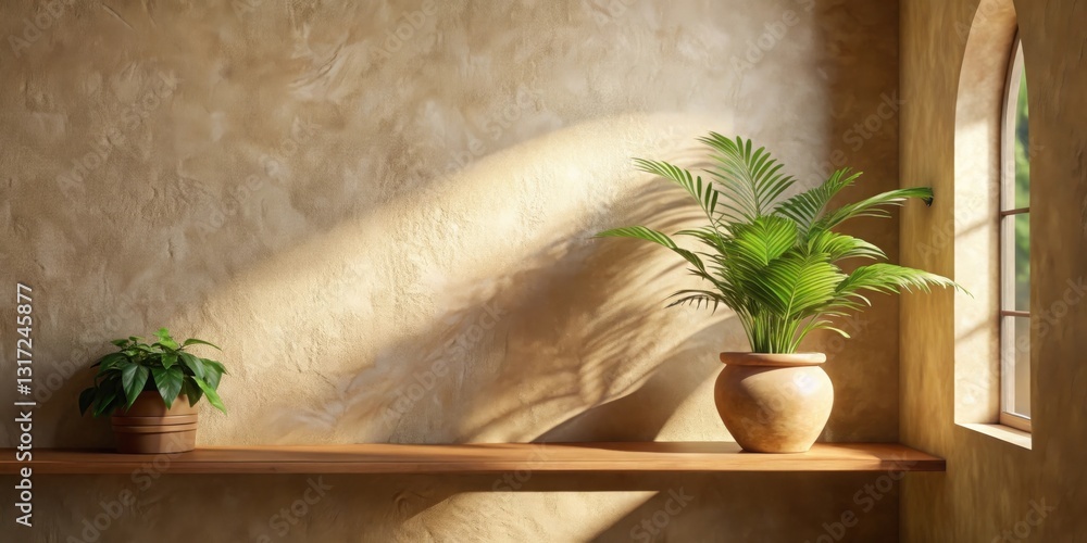 Aufkleber sunlight streams through a window, illuminating a wooden shelf with potted plants against a textured