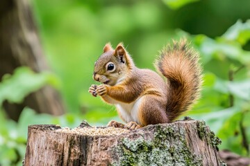 Fototapeta premium Adorable Squirrel Eating Seeds on a Tree Stump
