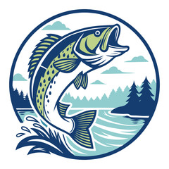 Vintage-Style Illustration of a Fisherman Catching a Large Fish .