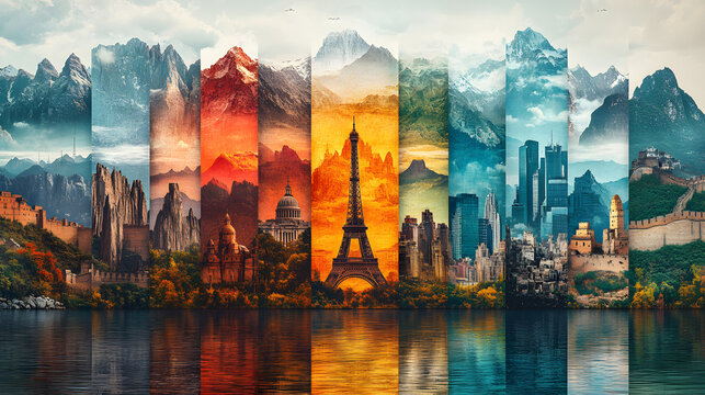 Global Landmarks Panorama: A breathtaking collage of world-renowned landmarks and majestic mountain ranges come together, creating a vibrant and inspiring representation of diverse cultures, travel.