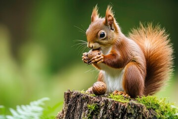 Obraz premium Adorable Red Squirrel Eating a Nut on a Tree Stump