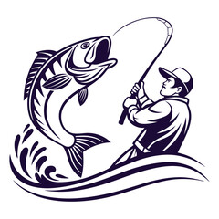 Vintage-Style Illustration of a Fisherman Catching a Large Fish .