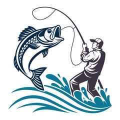 Vintage-Style Illustration of a Fisherman Catching a Large Fish .