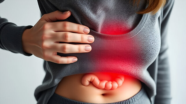Woman with stomach pain causes of abdominal pain include inflammatory bowel disease-IBD. stomach ulcer irritable bowel syndrome (IBS), ulcerative colitis and microvilli. closeup photo, blurred.
