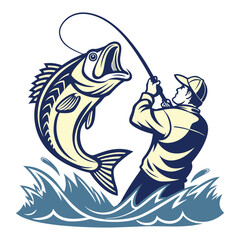 Vintage-Style Illustration of a Fisherman Catching a Large Fish .