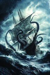 Giant Kraken Attacking Sailing Ship in Dark Stormy Ocean