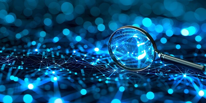 Magnifying Glass Examining Glowing Network Connections - Data Analysis, Cybersecurity
